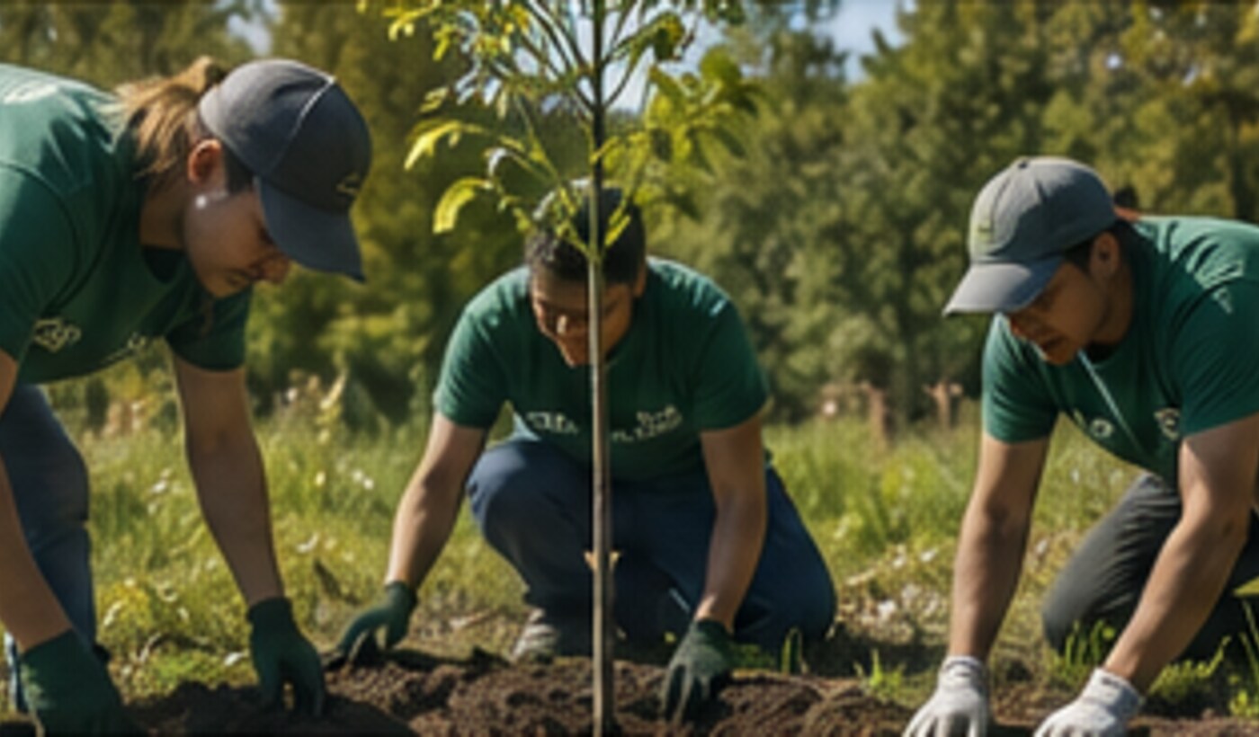 Illustrative view of volunteers caring for a young tree