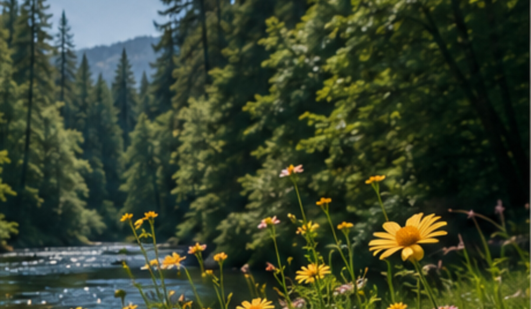 Forest stream surrounded by trees and golden wildflowers